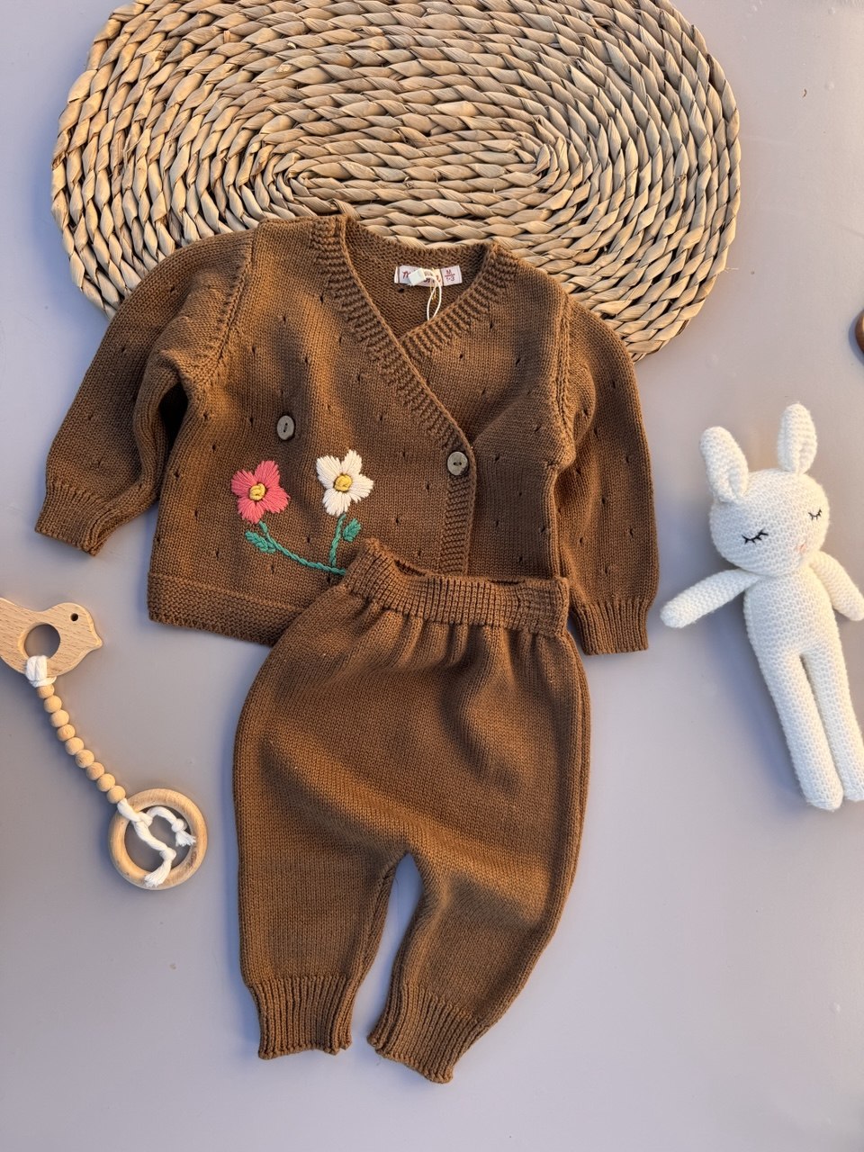 Brown Flowers Embroidered Tricot Set 2 Pcs