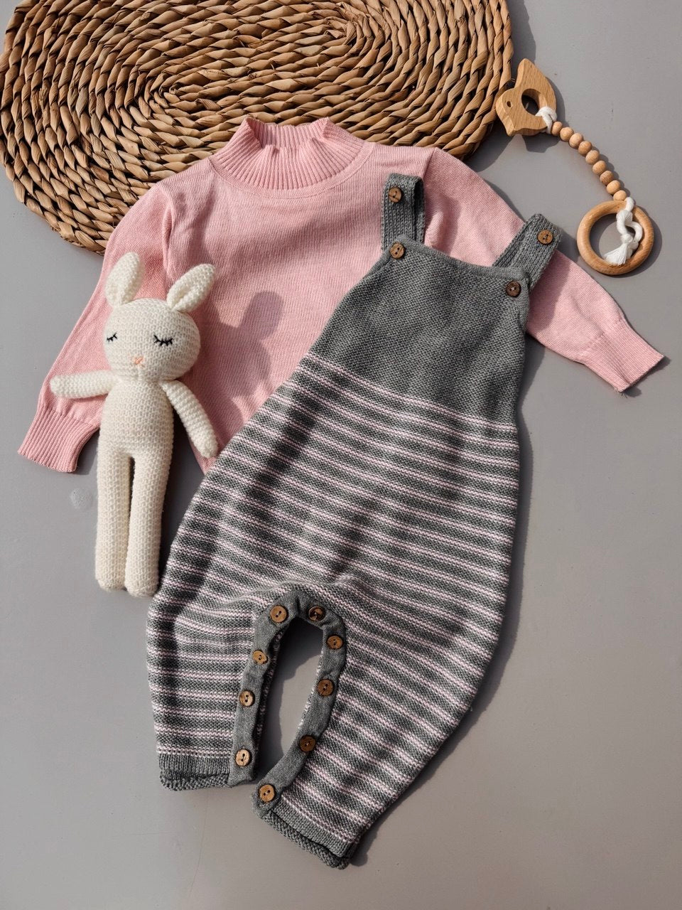 Grey And Pink Salopette Set 2 Pcs
