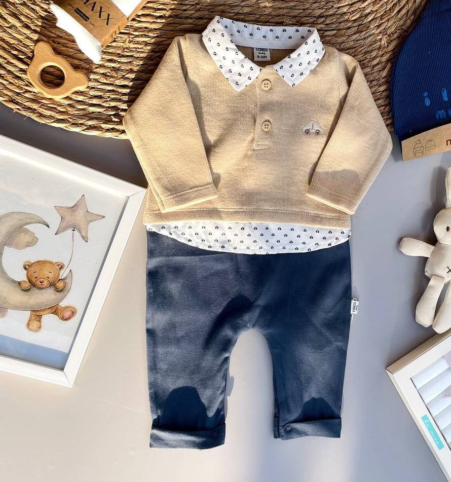 Beige And Navy Blue Velvet Overall