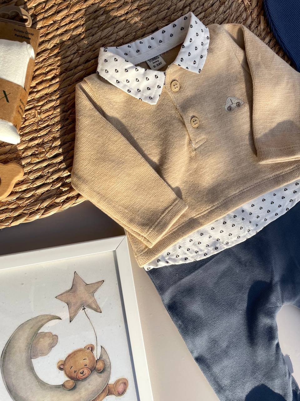 Beige And Navy Blue Velvet Overall