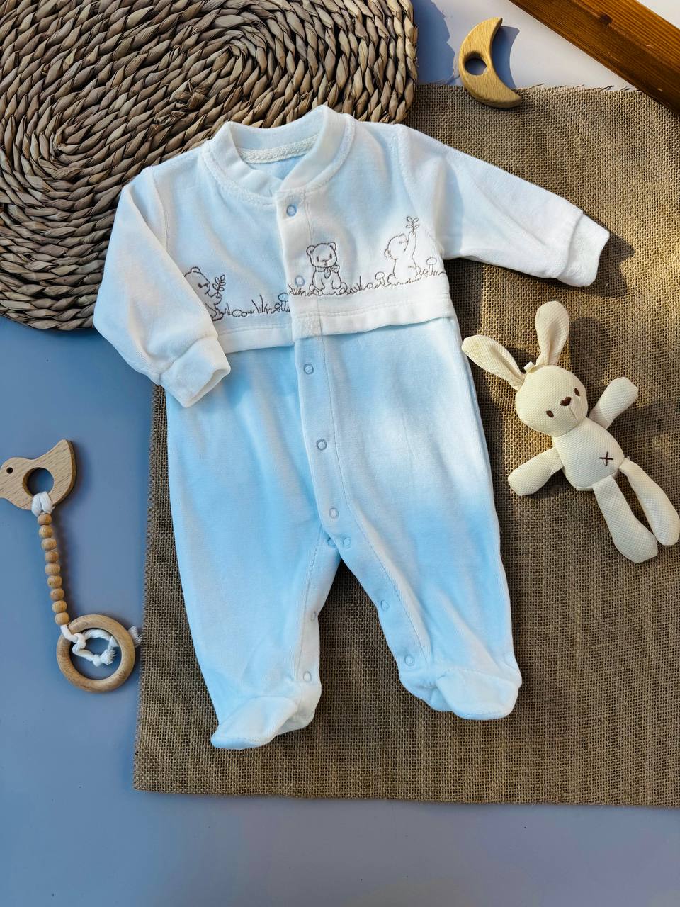 White And Baby Blue Velvet  Overall