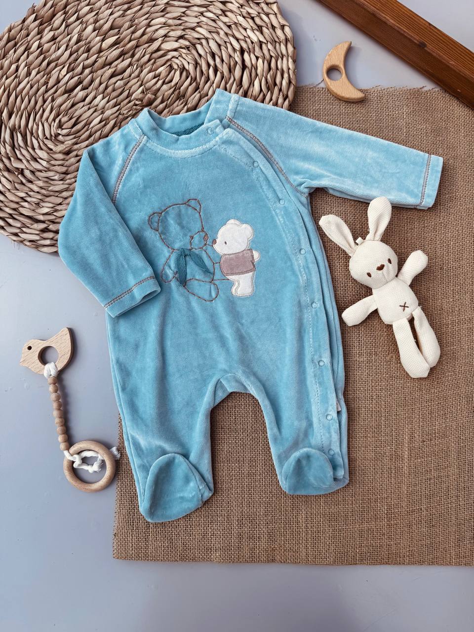 Turquoise Bear Velvet Overall