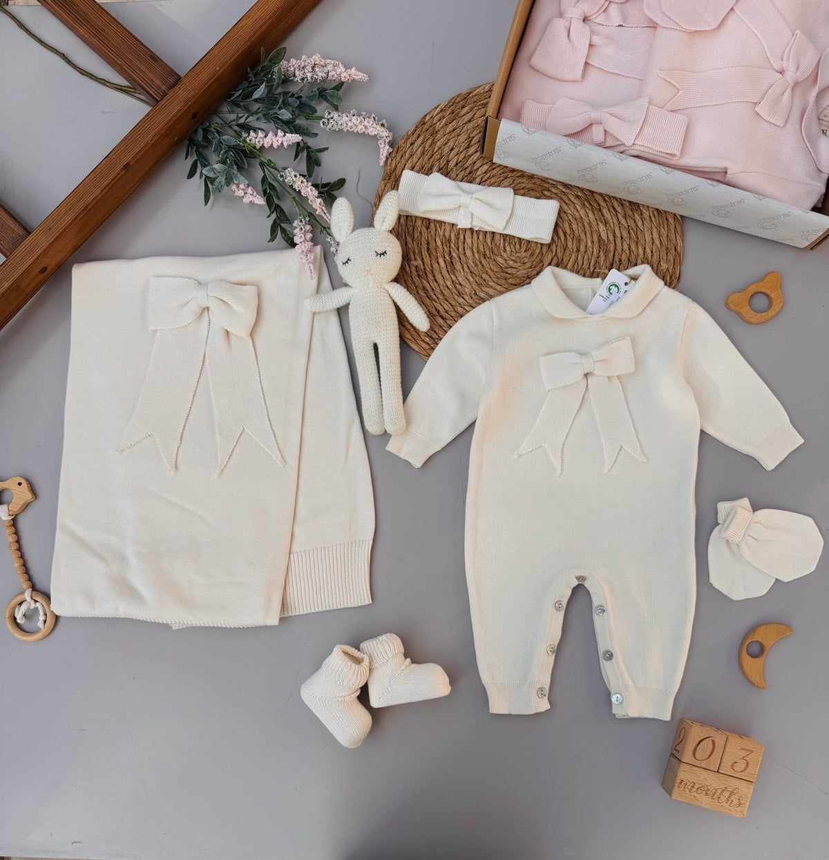 Off-White Bow Organic Knit Cotton Hospital Set 5 Pcs