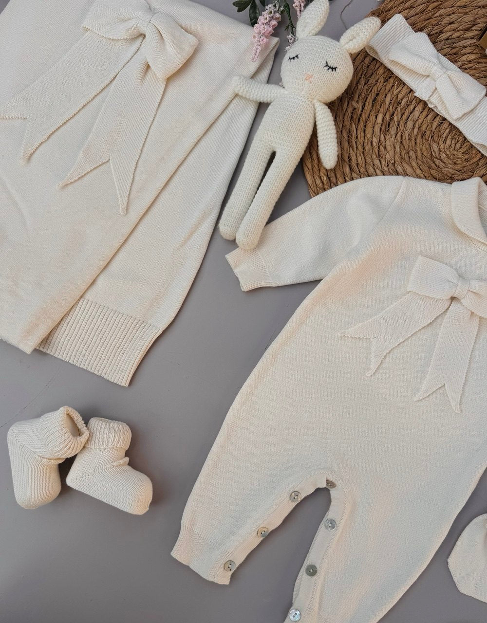 Off-White Bow Organic Knit Cotton Hospital Set 5 Pcs