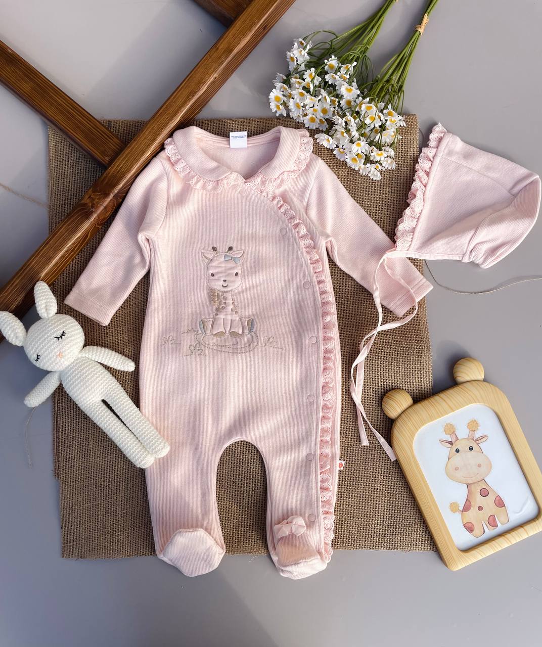 Pink Giraffe Overall With Hat