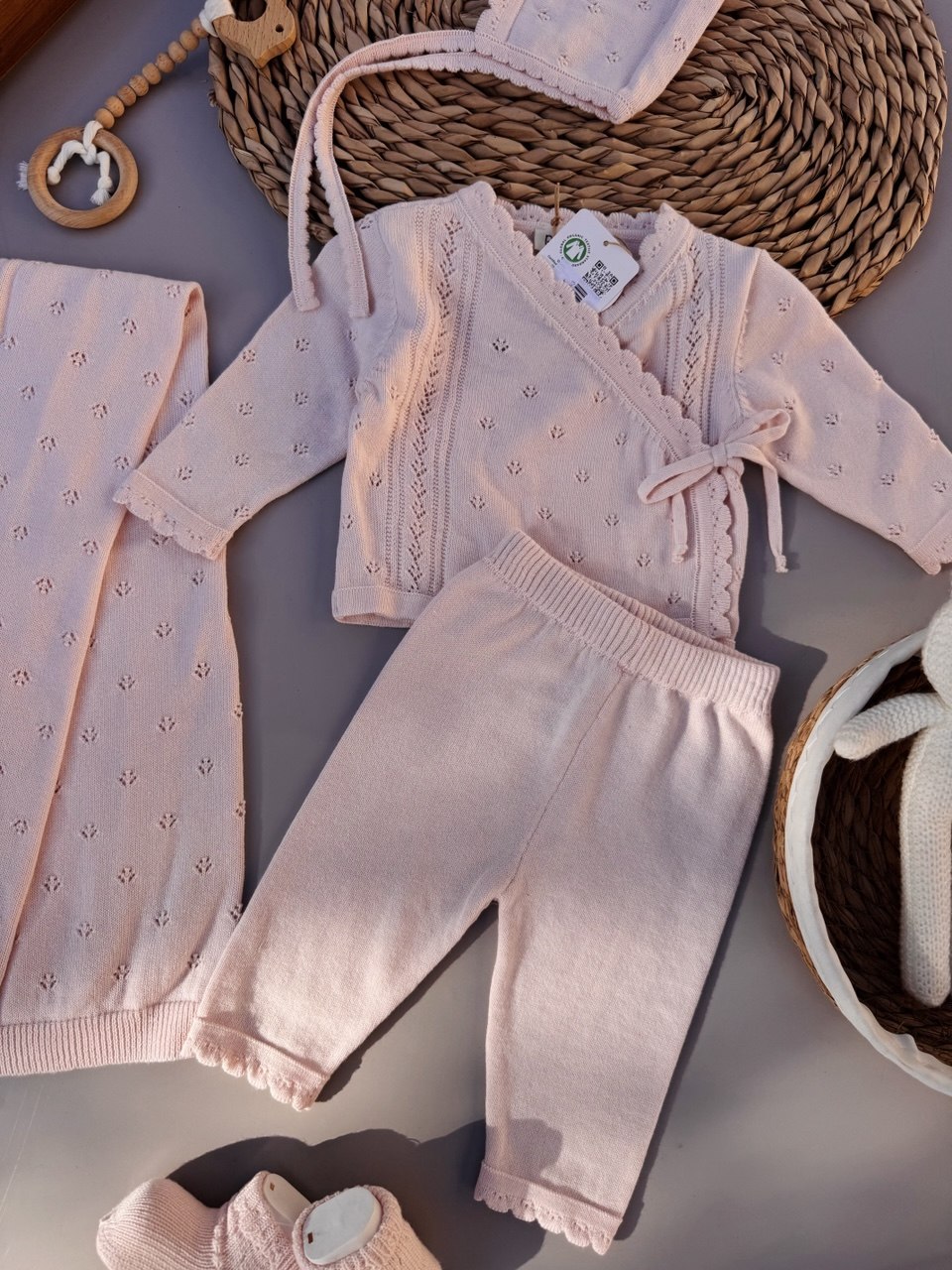 Baby Pink Organic Knit Cotton Hospital Set 5 Pcs