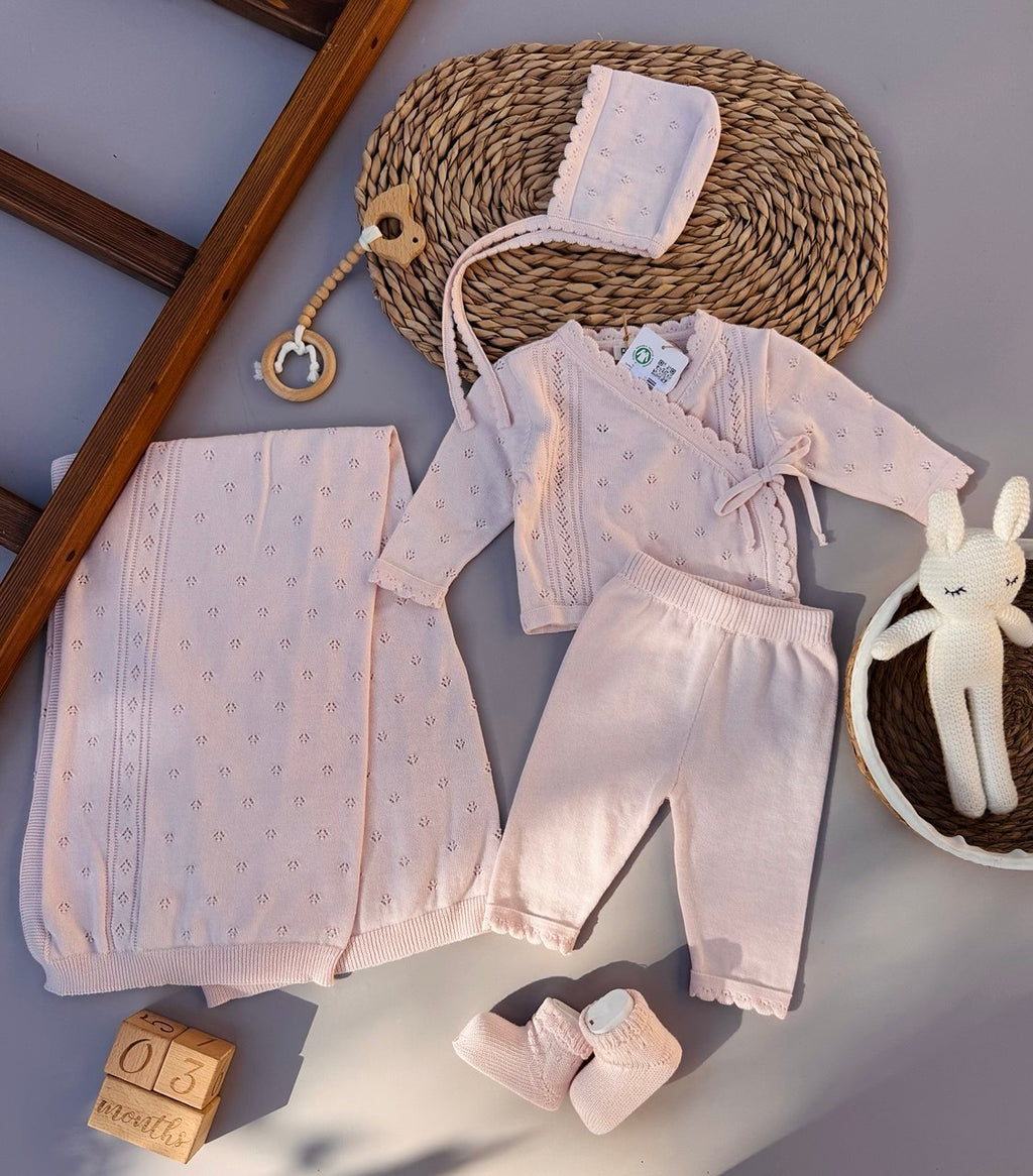 Baby Pink Organic Knit Cotton Hospital Set 5 Pcs