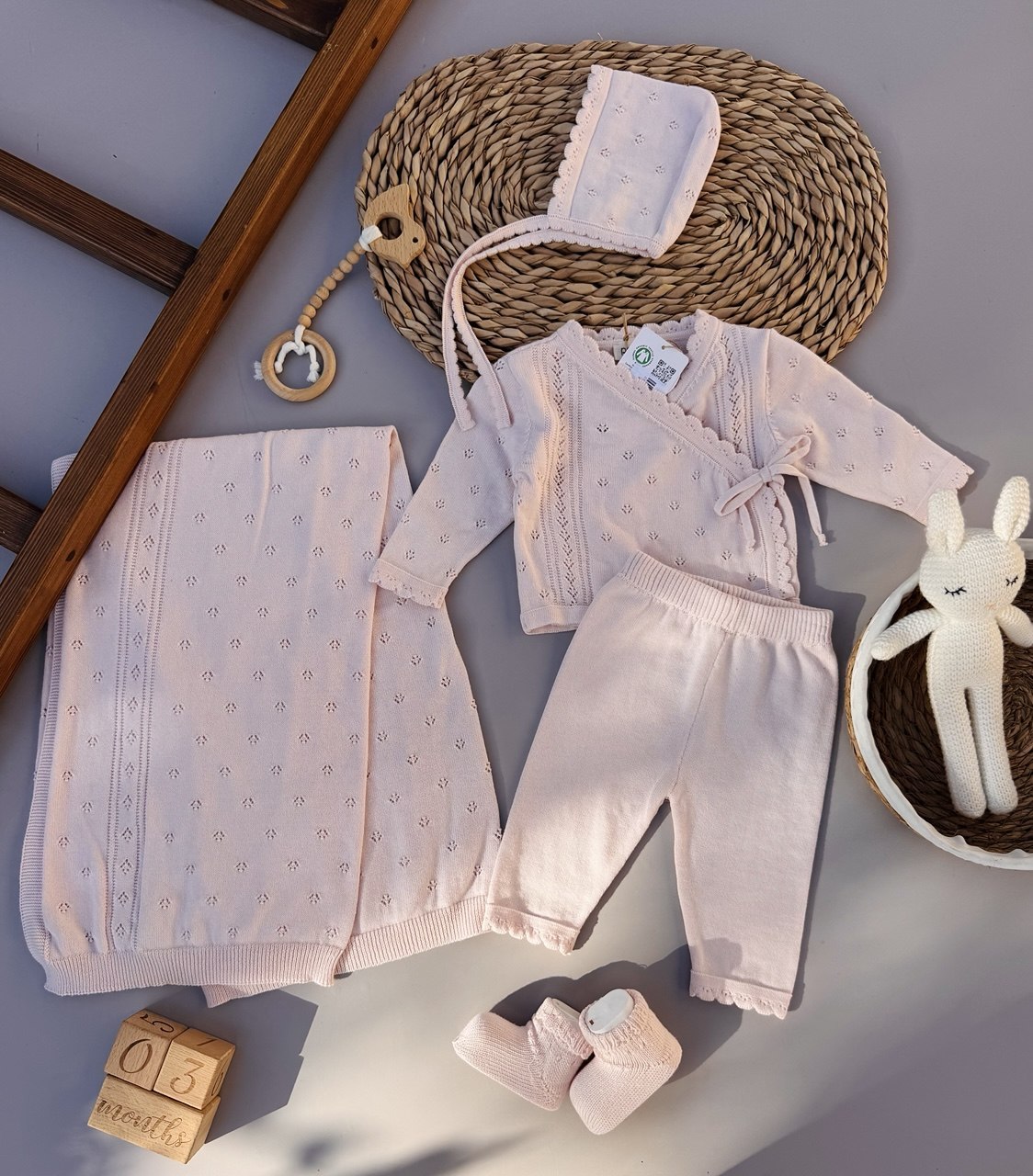 Baby Pink Organic Knit Cotton Hospital Set 5 Pcs