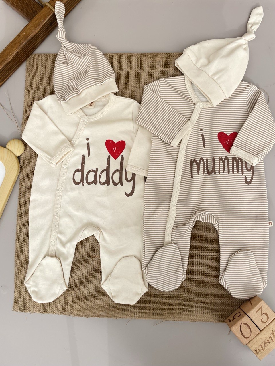 Beige And White Cotton Overalls I love Mummy