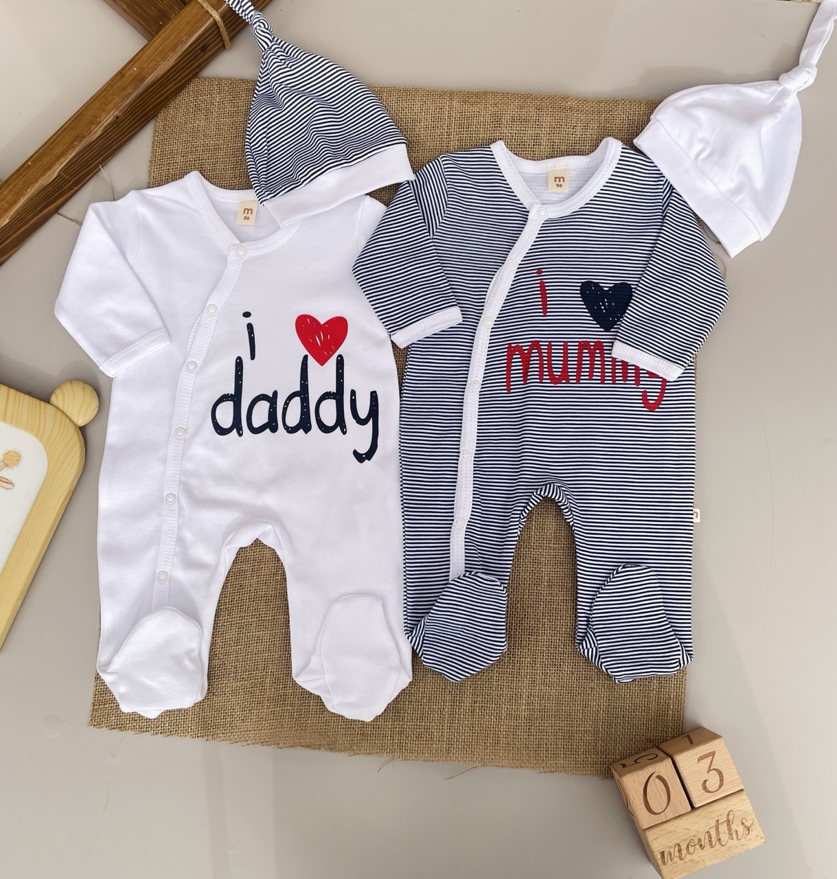 Navy And White Cotton Overalls I love Mummy