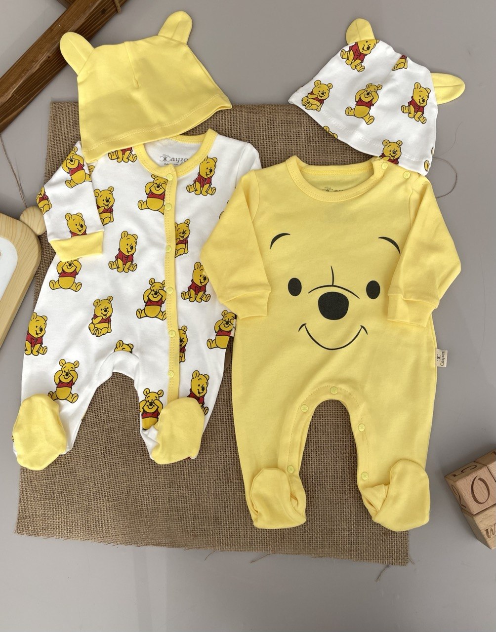 Yellow and White Winnie the Pooh 2 overalls with 2 Hats