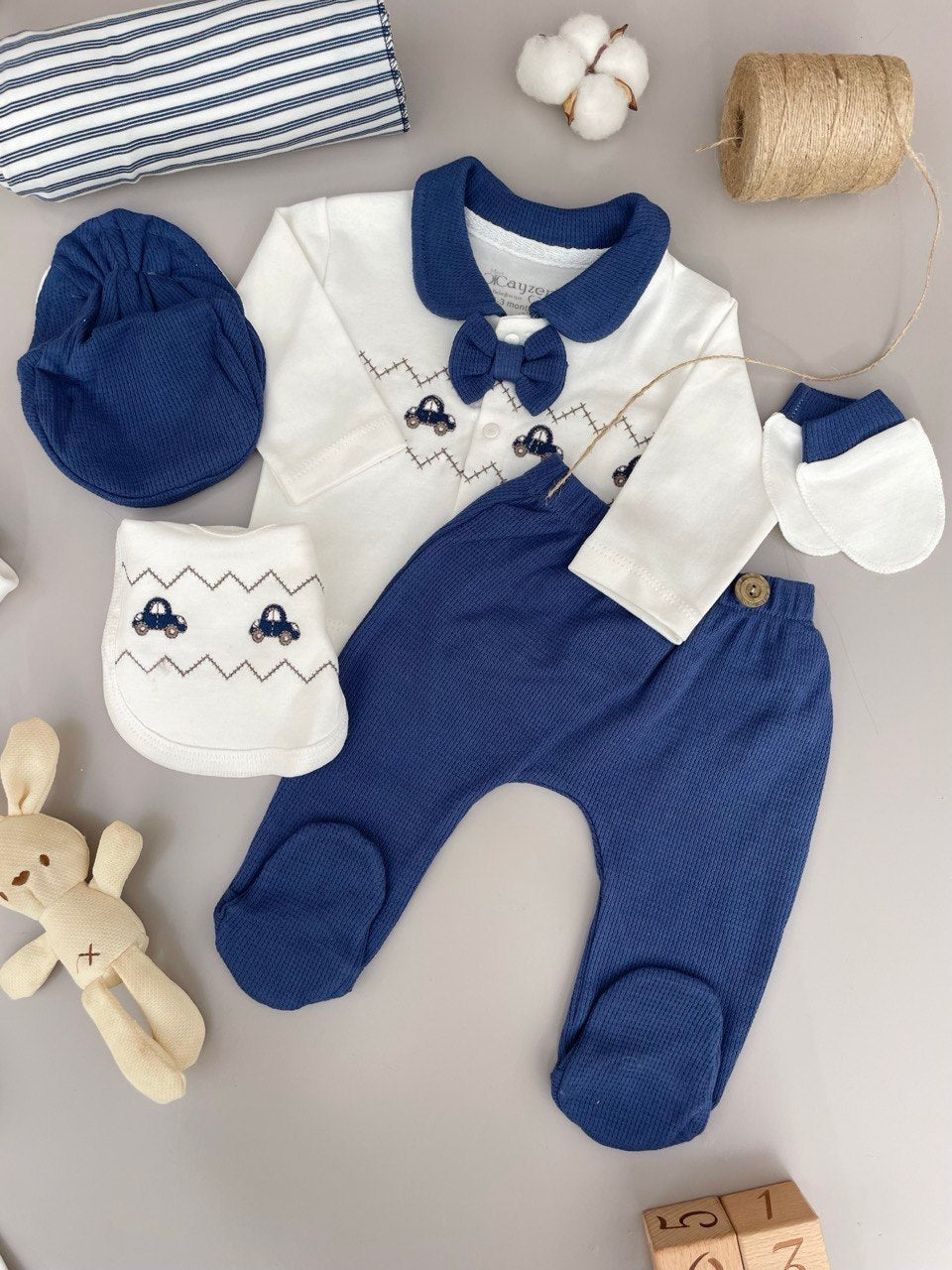 White And Navy Blue 5 Pcs Cotton Set
