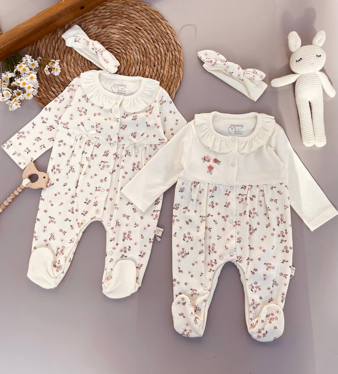 Beige Flowers Cotton Overalls With Head Band
