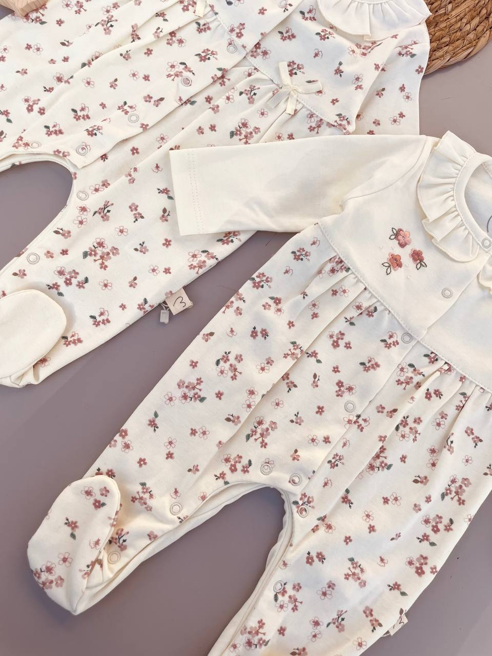 Beige Flowers Cotton Overalls With Head Band