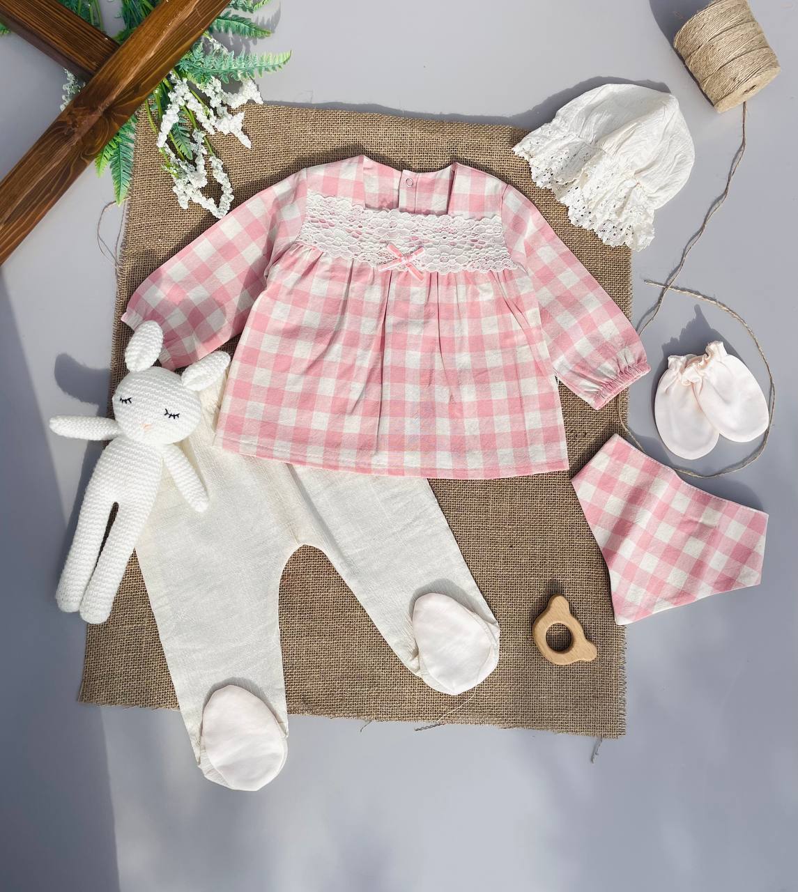Pink And White Square Muslin Set