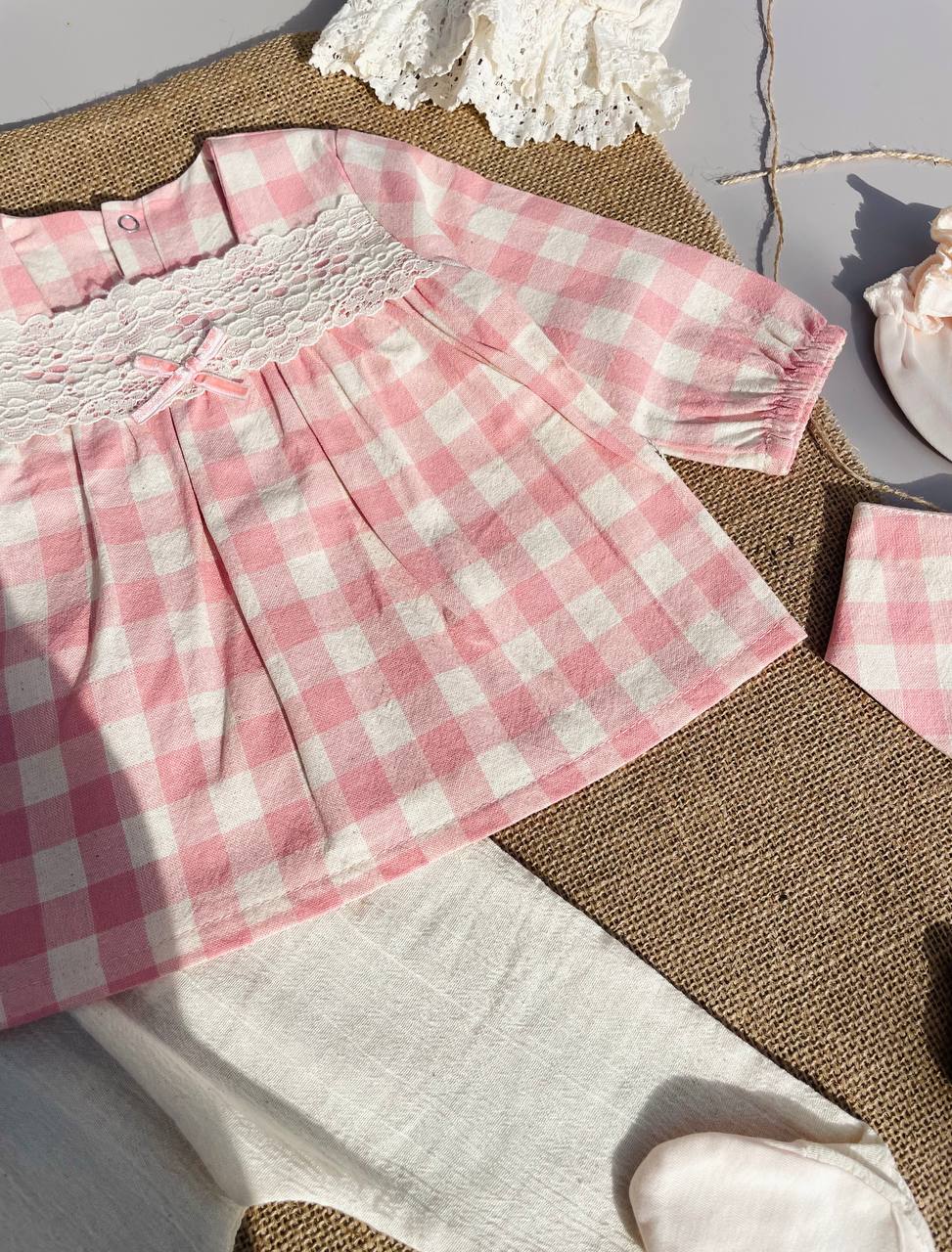 Pink And White Square Muslin Set