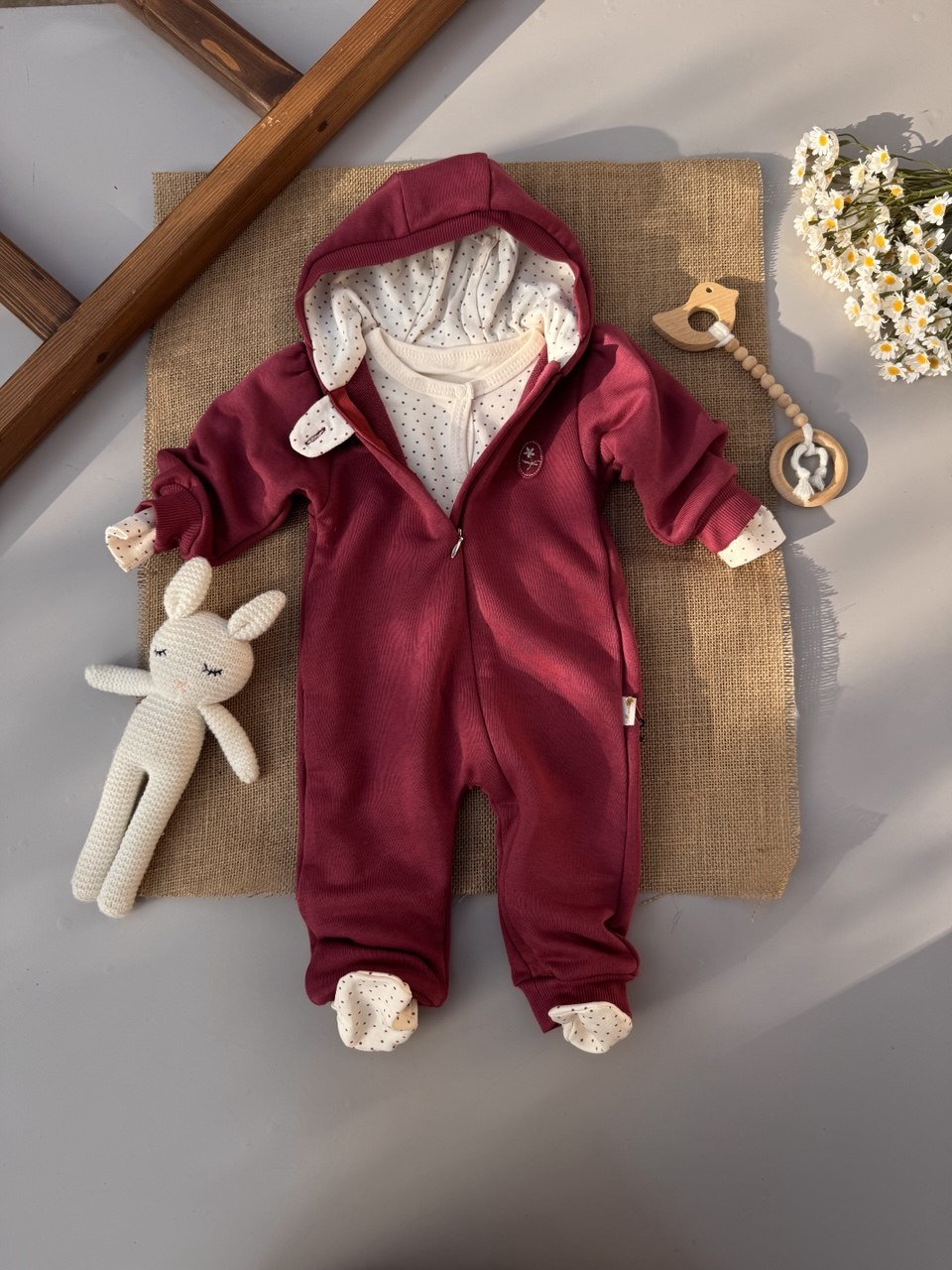 Cherry Thick Hooded Romper With basic Overall
