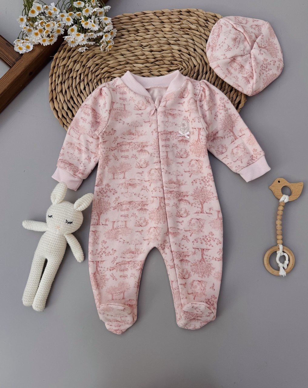 Pink Floral Print footed overall With Beret