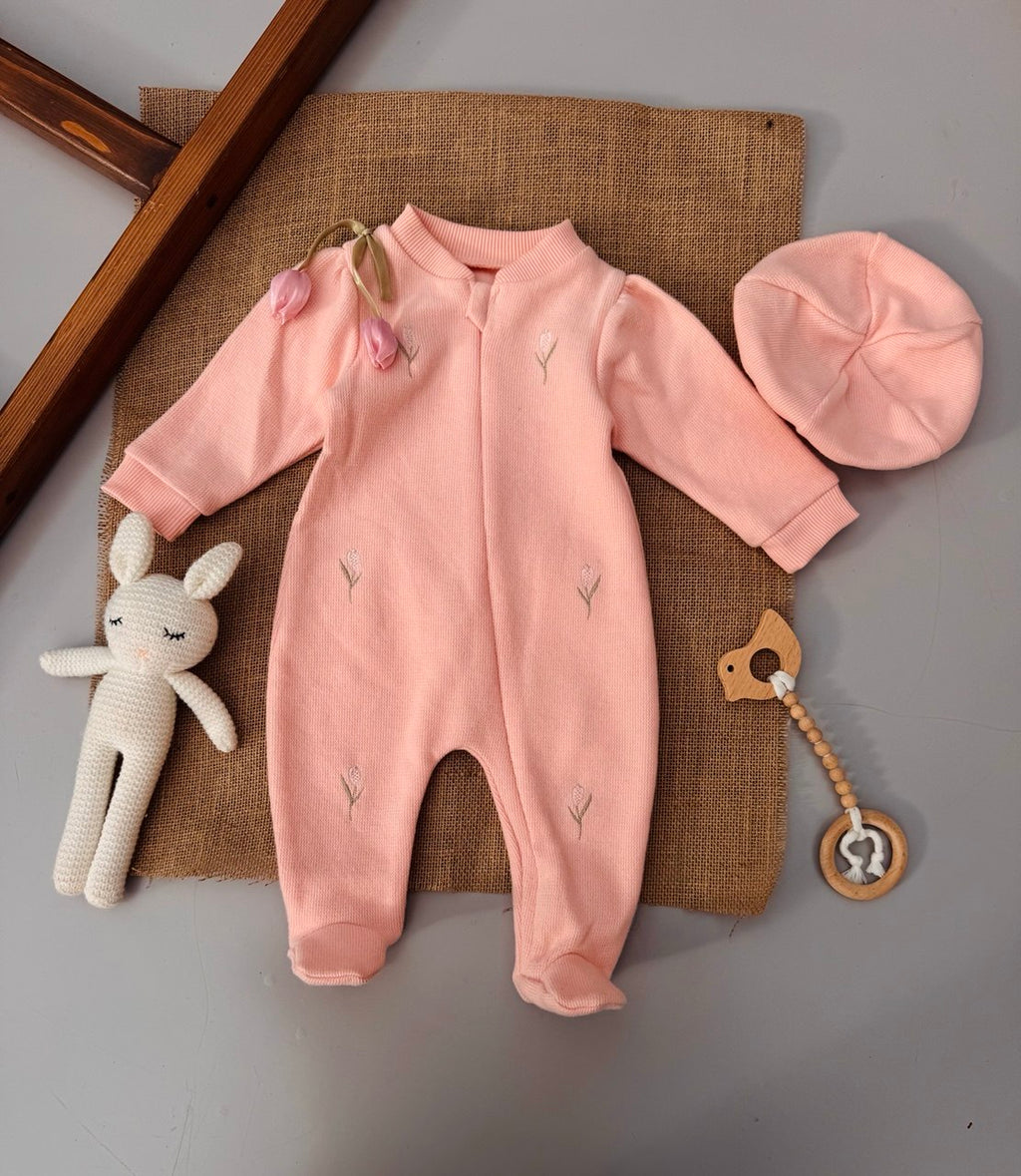 Peach Flowers Embroidered Overall with beret ( hat )