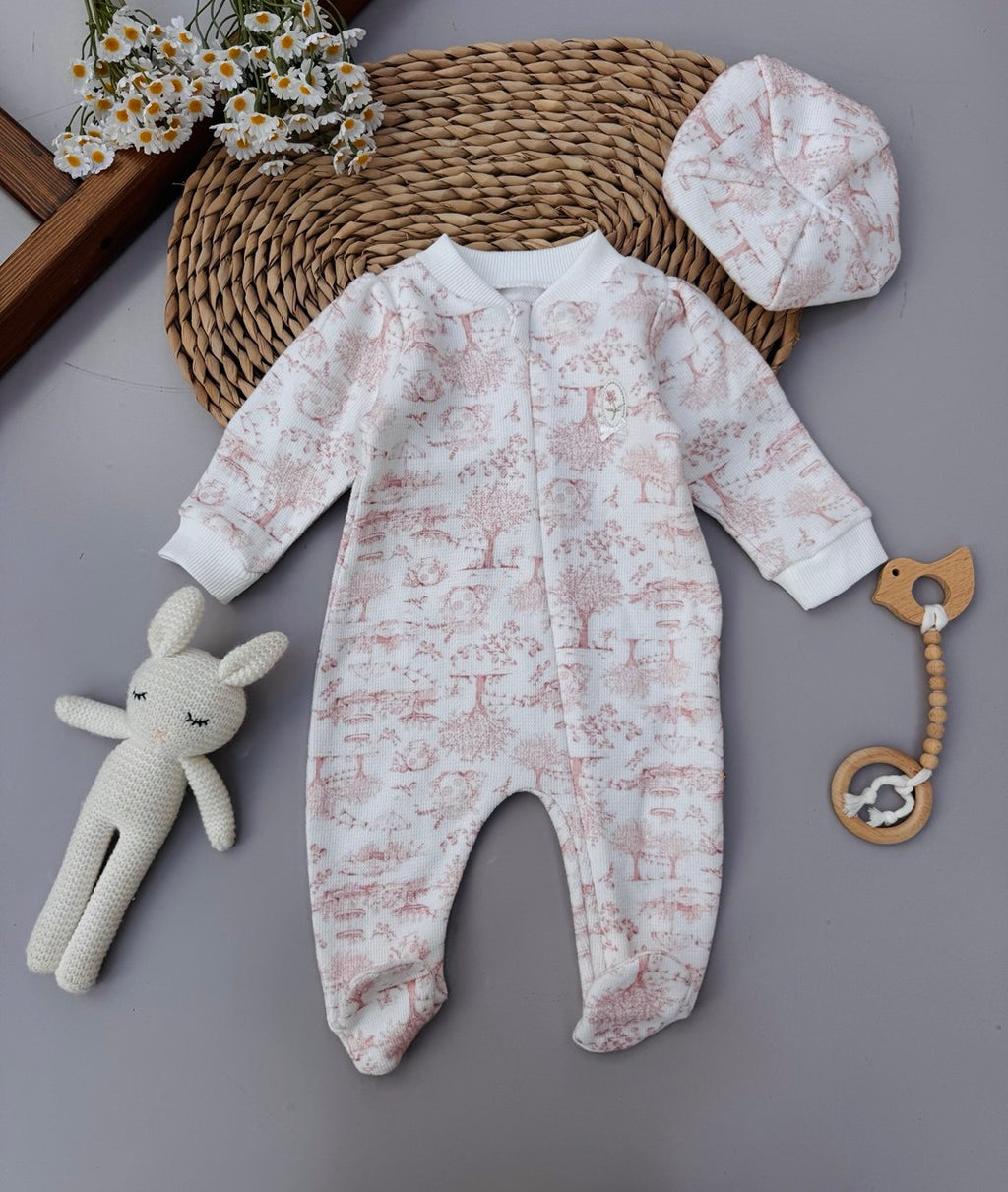 Pink Floral Print footed overall With Beret