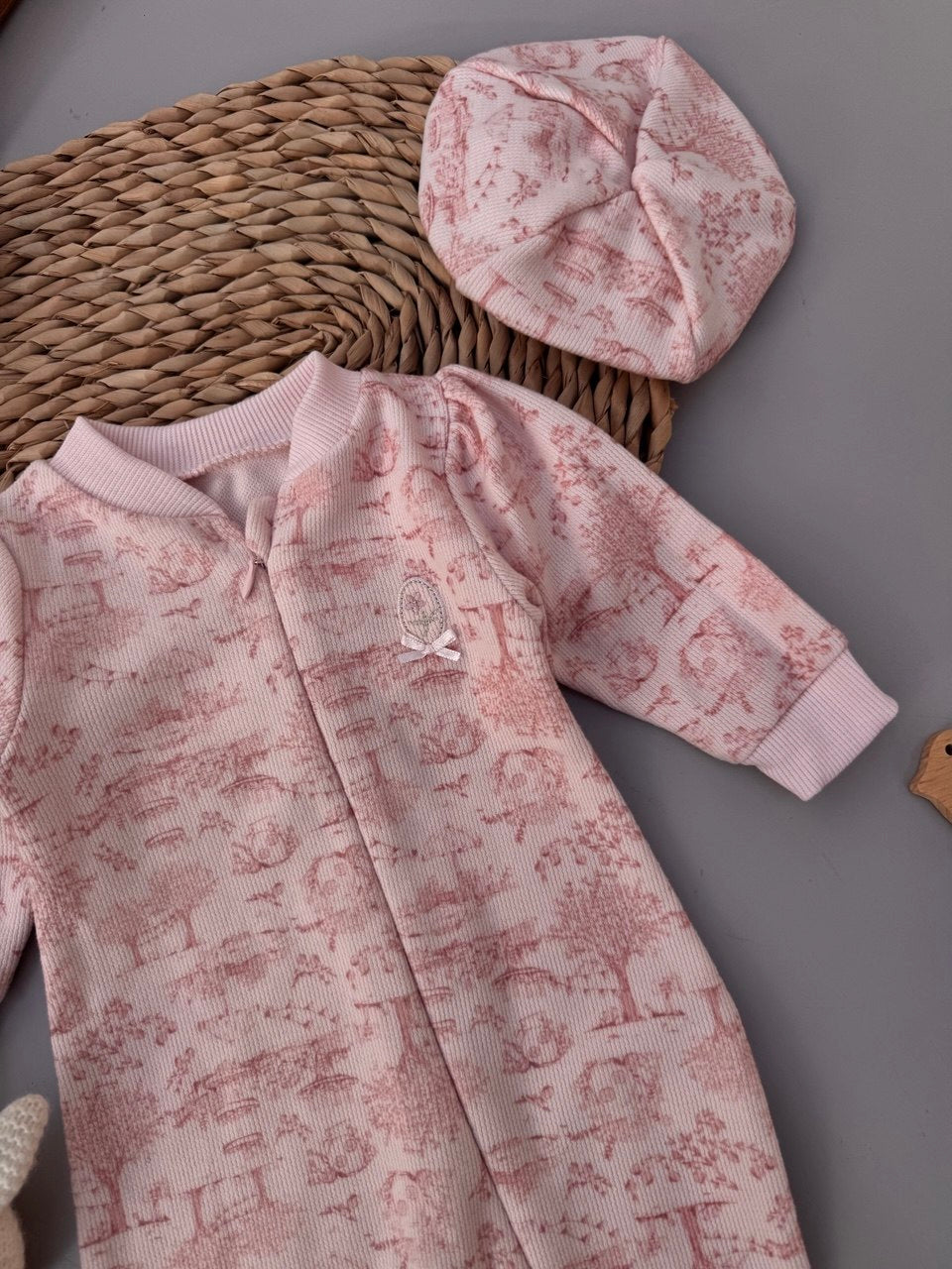 Pink Floral Print footed overall With Beret