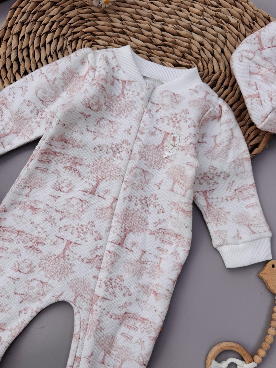 Pink Floral Print footed overall With Beret