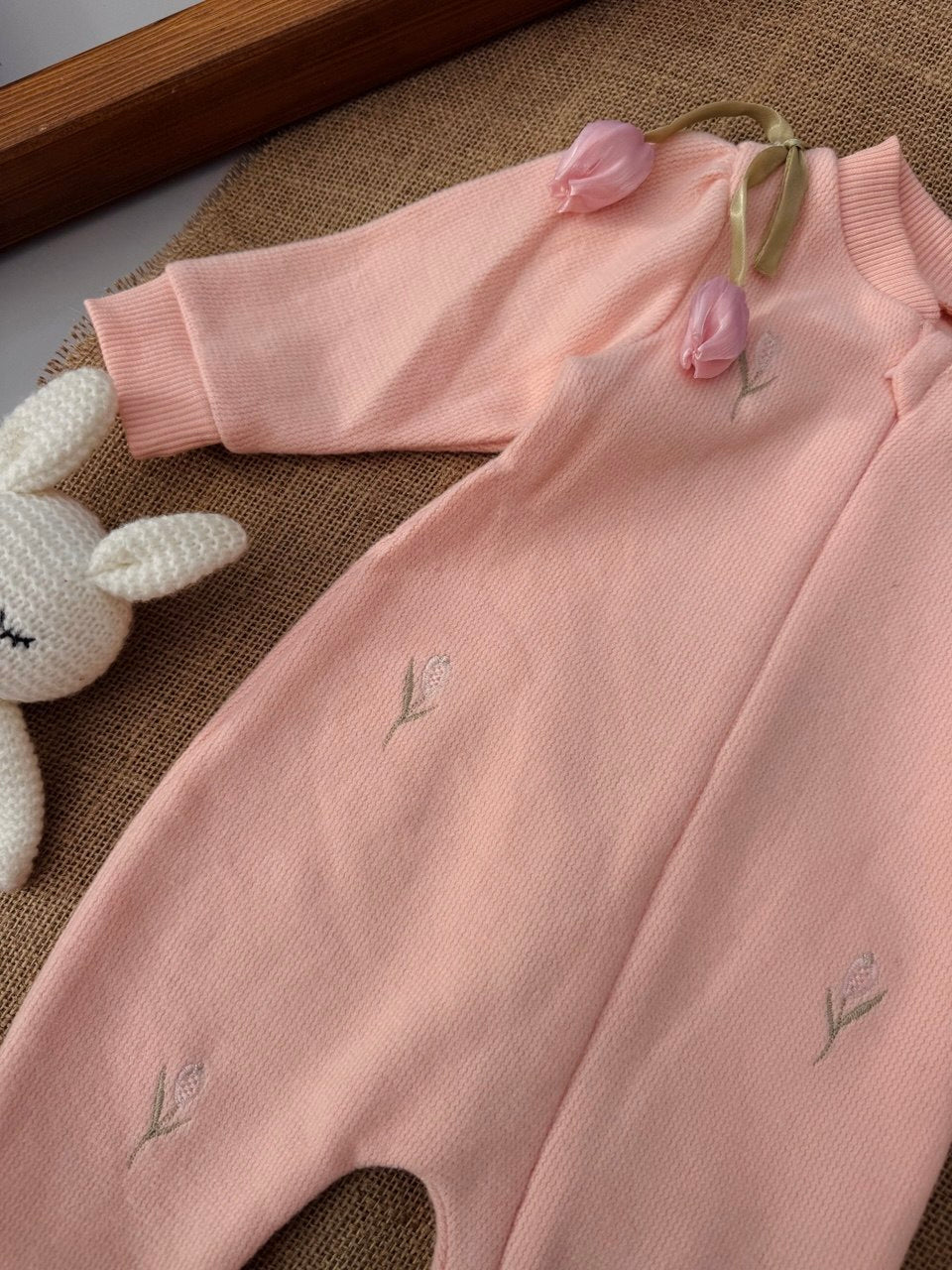 Peach Flowers Embroidered Overall with beret ( hat )