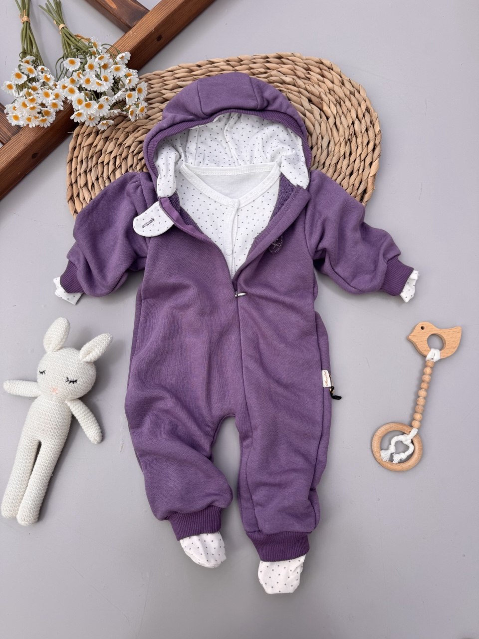 Mauve Thick Hooded Romper With basic Overall