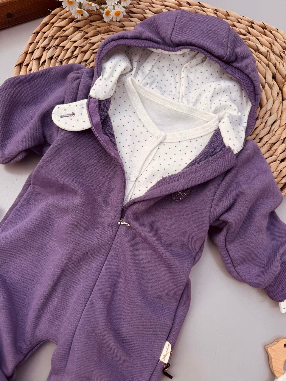Mauve Thick Hooded Romper With basic Overall