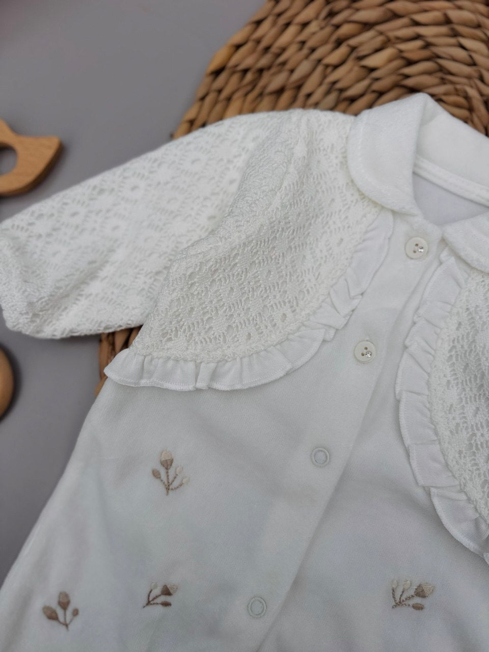 White Flowers Embroidered Velvet Overall
