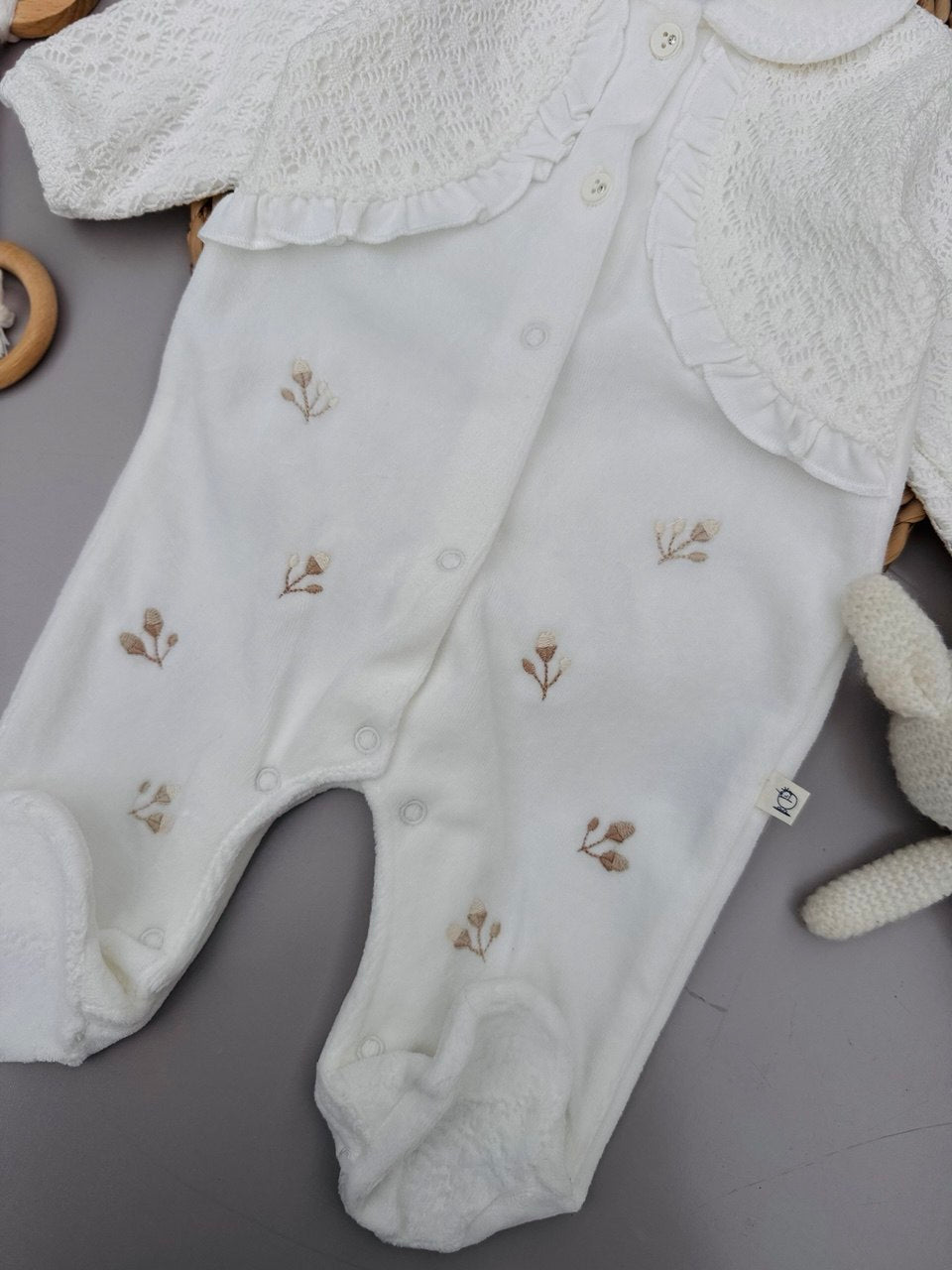 White Flowers Embroidered Velvet Overall