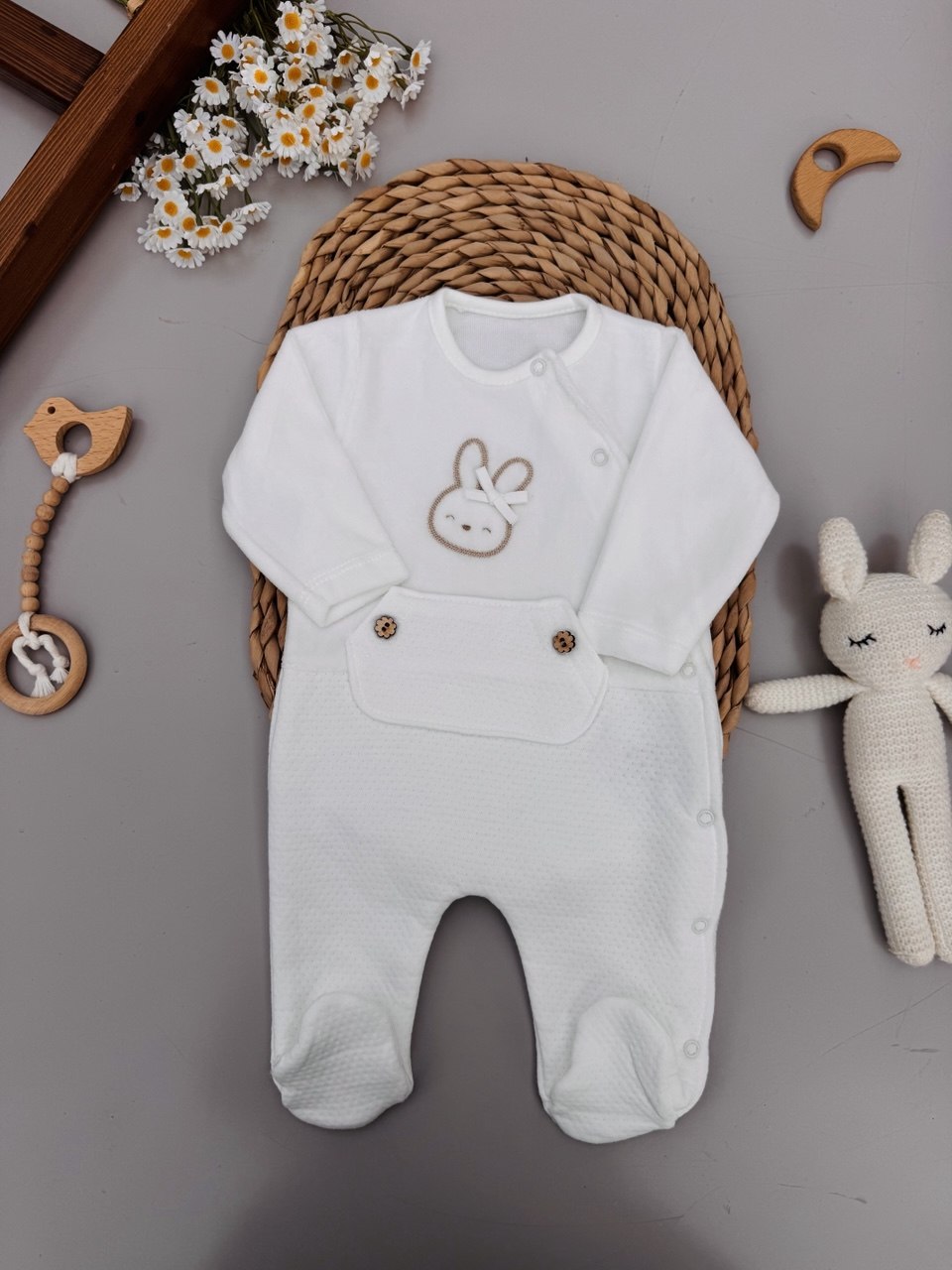 White Bunny Velvet Footed Overall