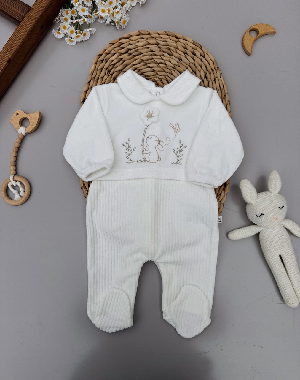 White Bunny Velvet Footed Overall