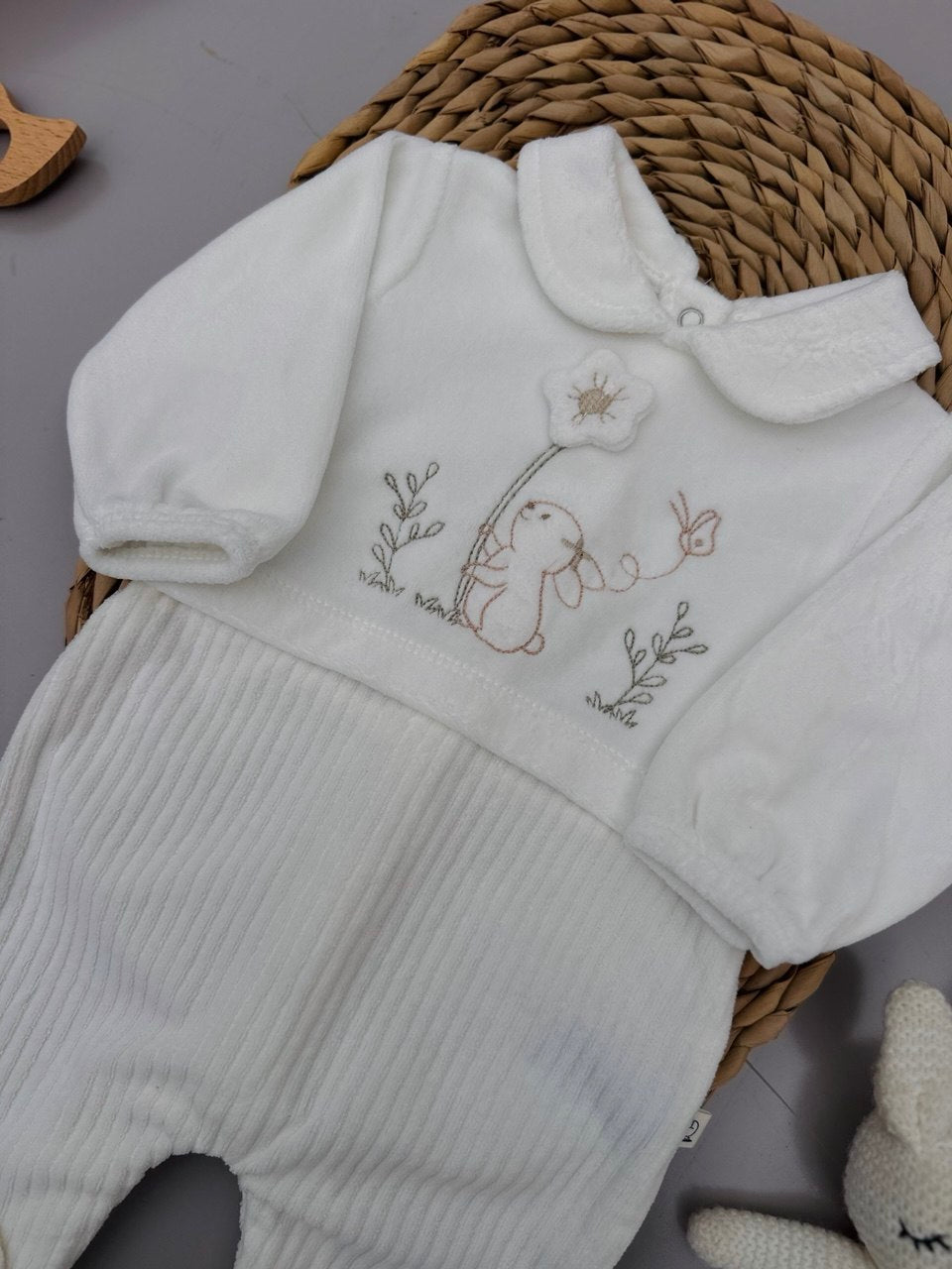 White Bunny Velvet Footed Overall
