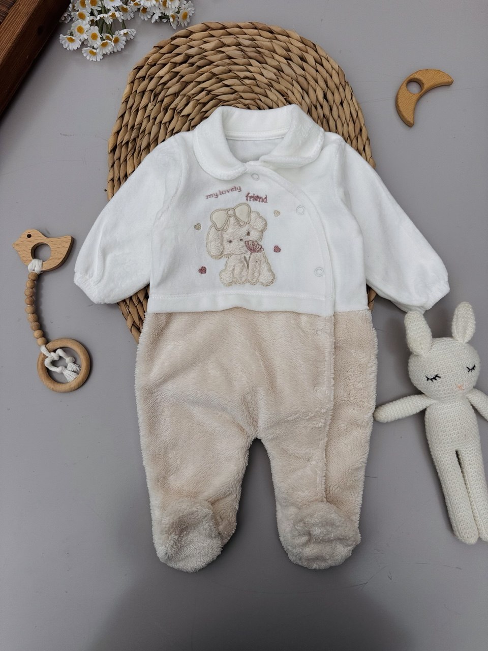 Baby Bunny White / Beige Vevet And Fur Overall