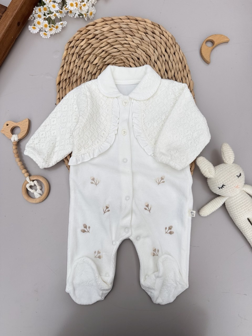 White Flowers Embroidered Velvet Overall