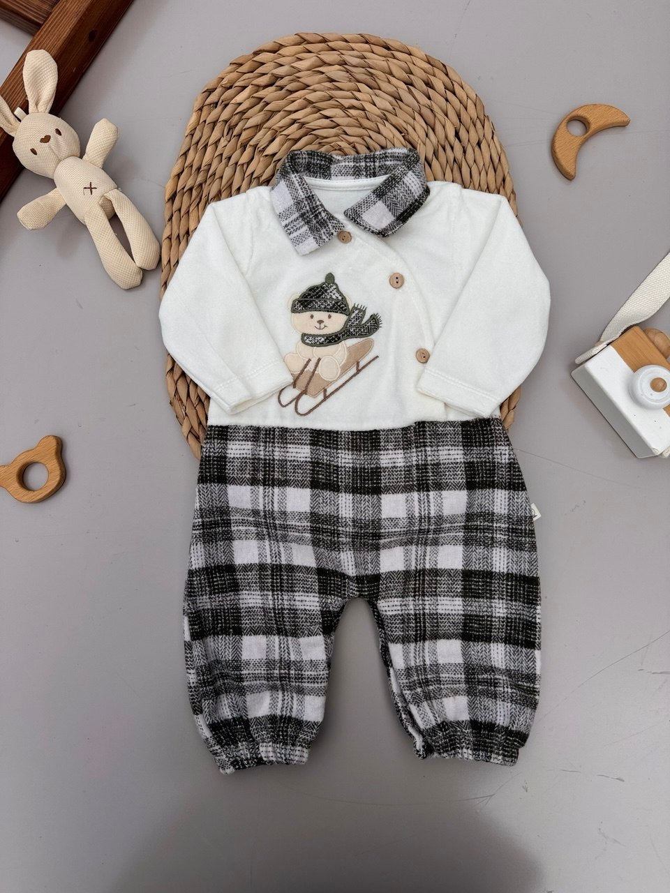 Baby Black Plaid Velvet Romper