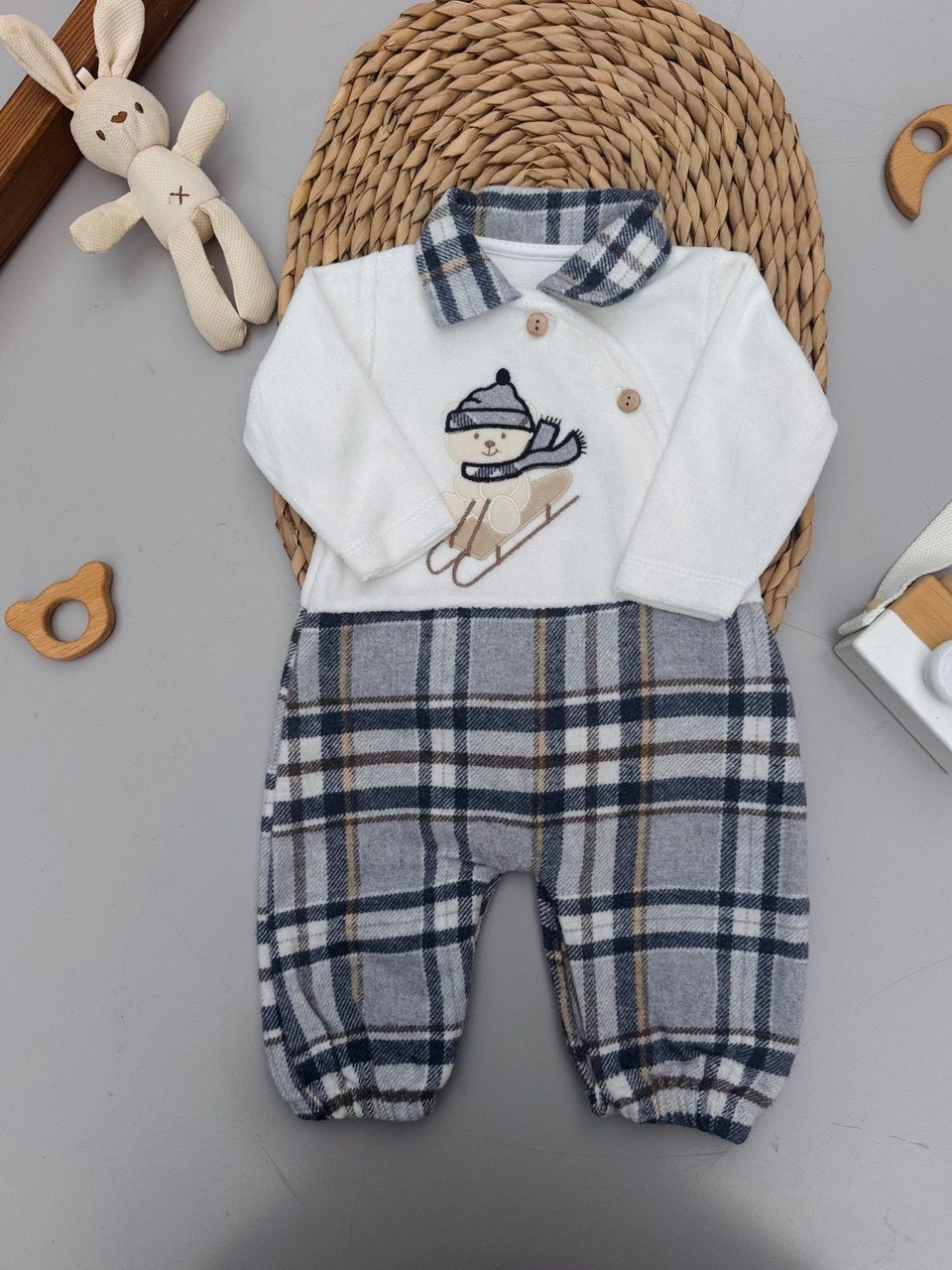 Baby Navy Plaid Velvet Romper