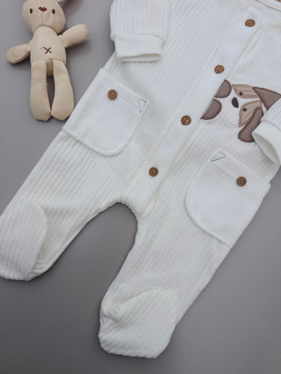 White And Beige  Dog Velvet Footed Overall