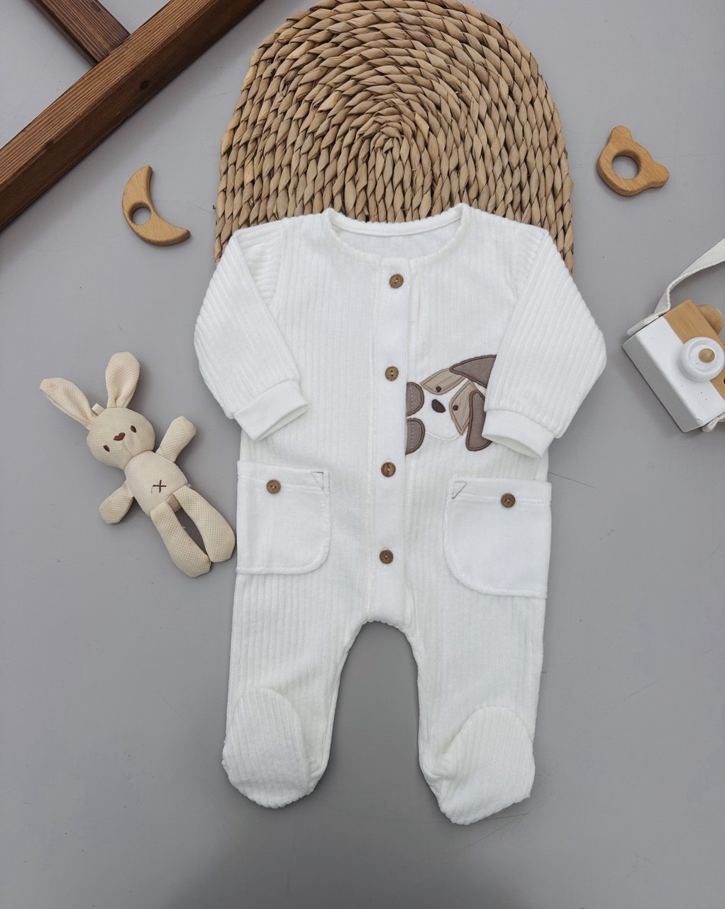 White And Beige  Dog Velvet Footed Overall