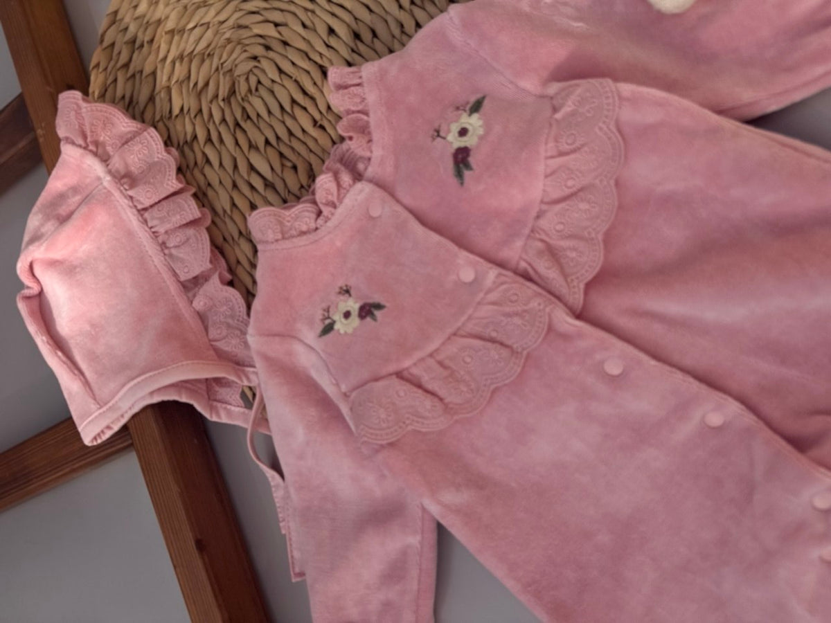Thick Velvet Overall Dusty Pink Flowers Overall With Hat