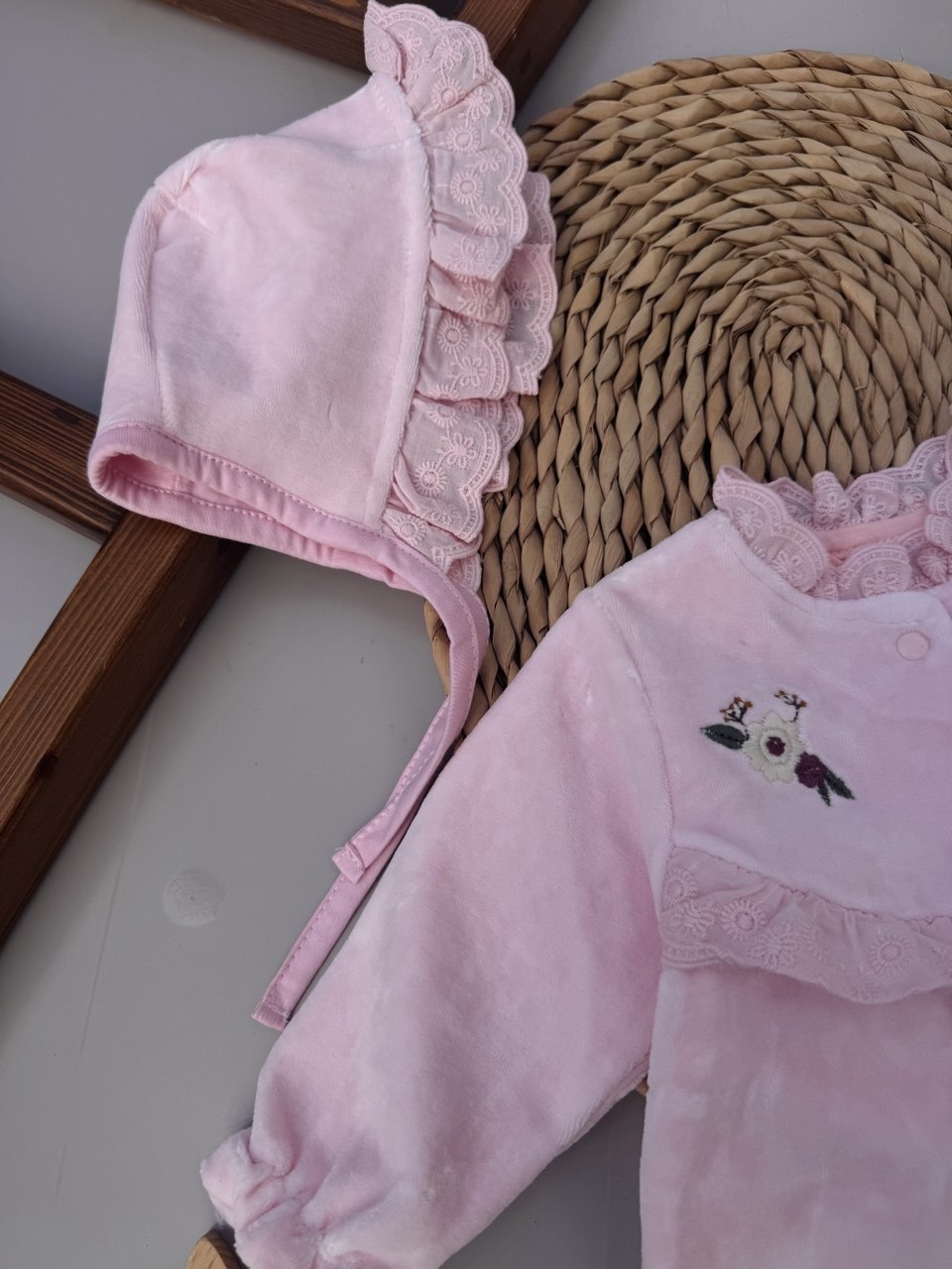 Thick Velvet Overall Baby Pink Flowers Overall With Hat