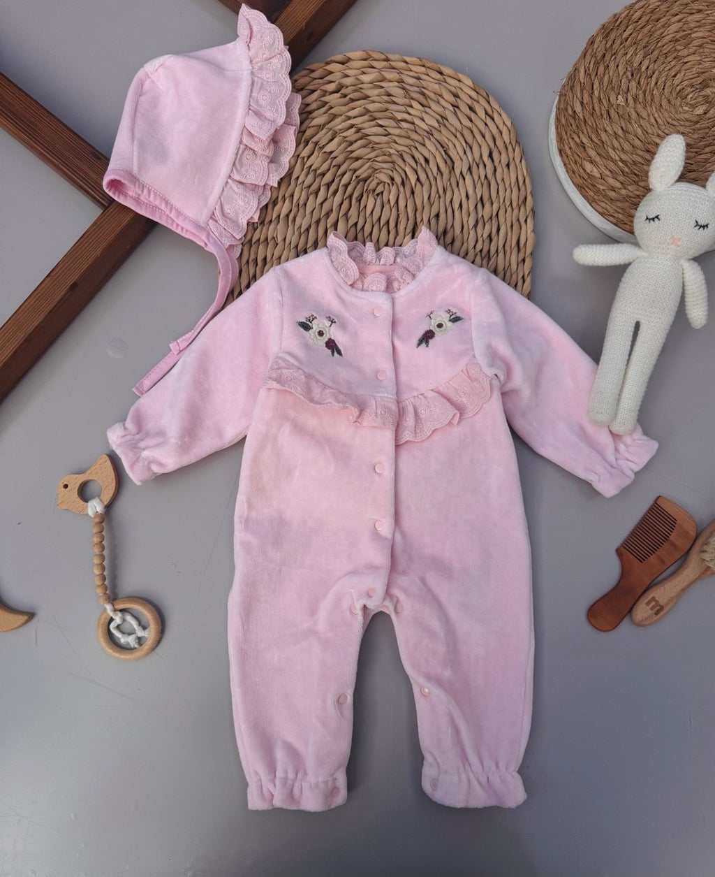 Thick Velvet Overall Baby Pink Flowers Overall With Hat