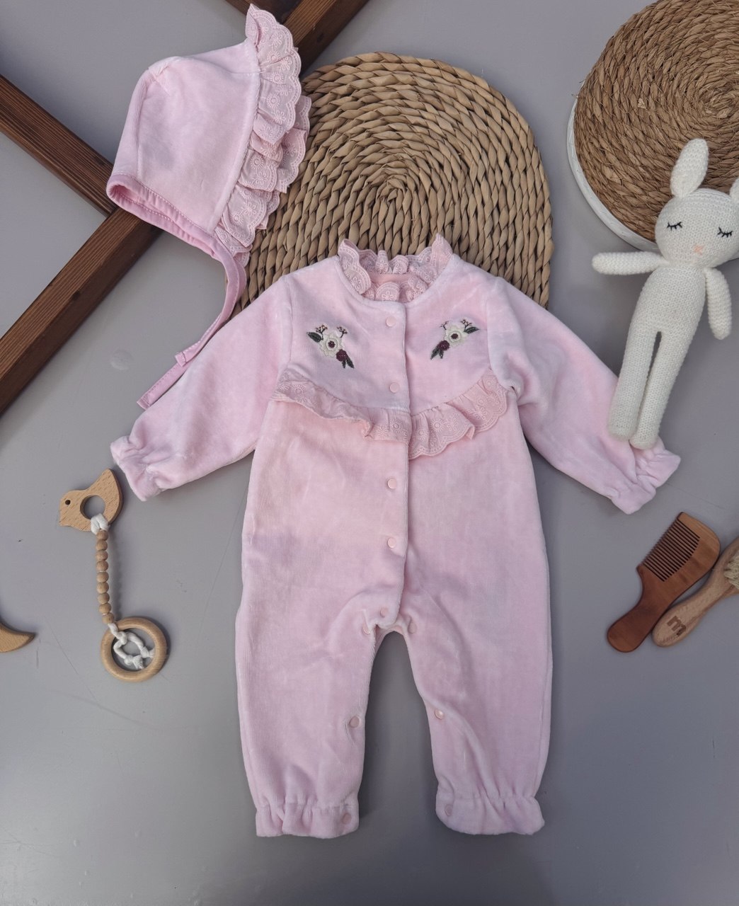 Thick Velvet Overall Baby Pink Flowers Overall With Hat