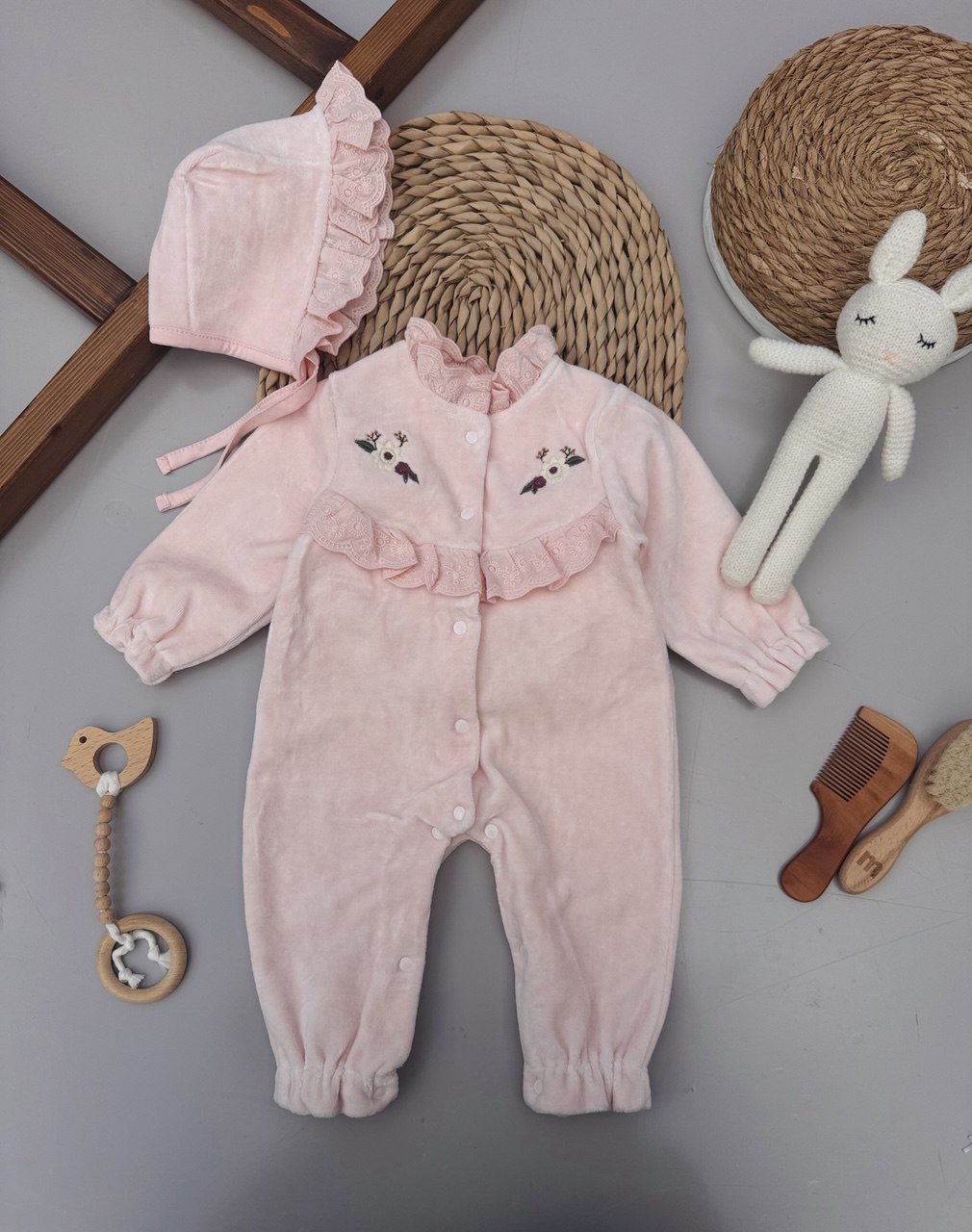 Thick Velvet Overall Peach Color Flowers Overall With Hat