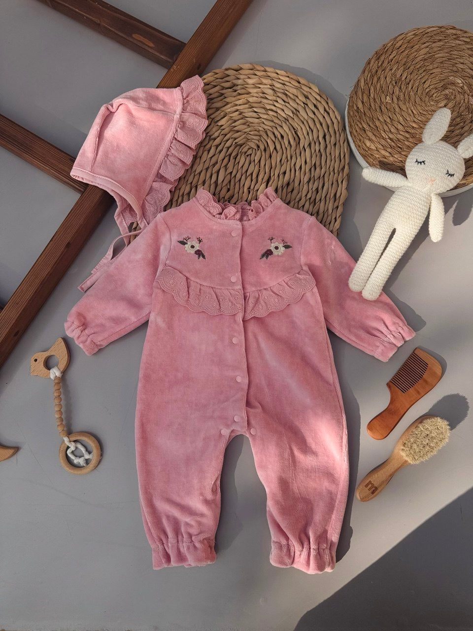 Thick Velvet Overall Dusty Pink Flowers Overall With Hat