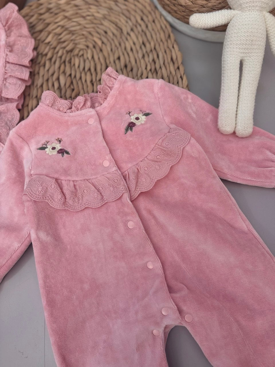 Thick Velvet Overall Dusty Pink Flowers Overall With Hat