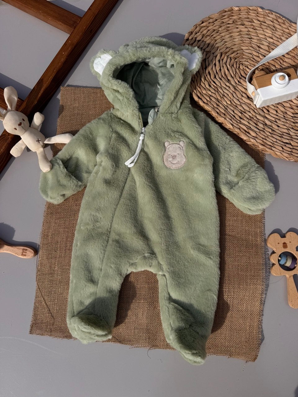 Mint Green Soft Fur Jumpsuit Cotton-Lined