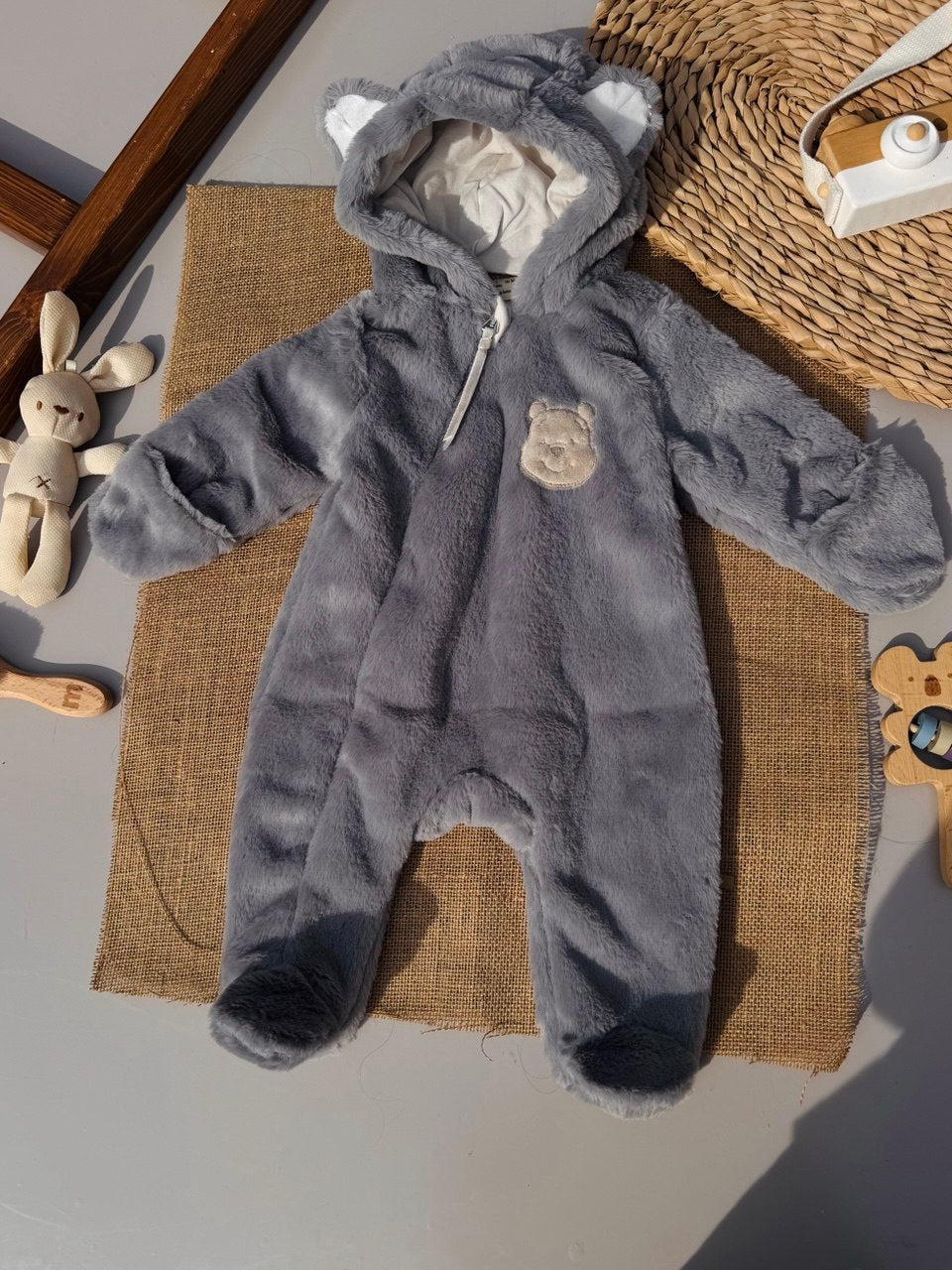 Grey Soft Fur Jumpsuit Cotton-Lined