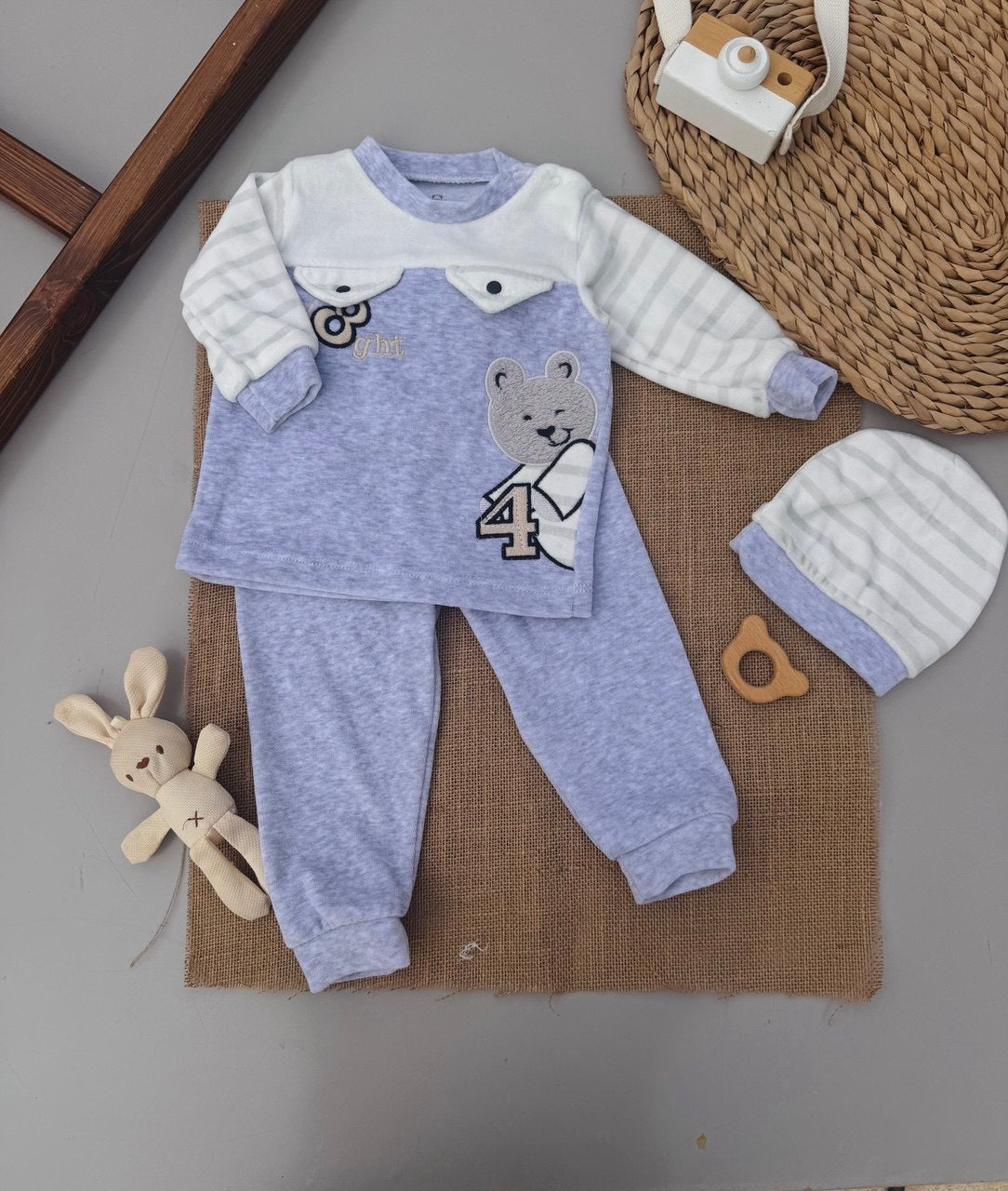 Grey Velvet Pyjama 3 Pcs